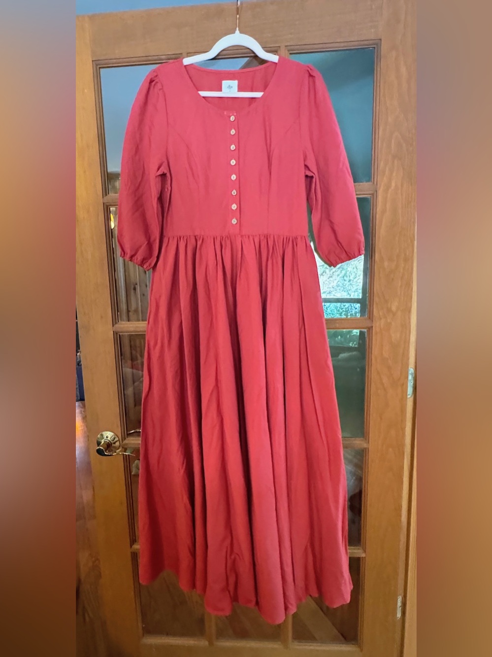 Classic Red Maxi Dress with Button-Front Bodice